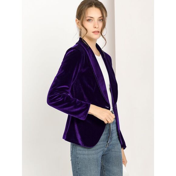 Women's Coat Solid Shawl Collar 1 Button Velvet Blazer Deep Purple - Picture 4 of 6